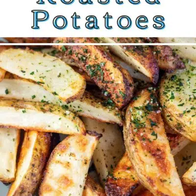 Pin image with text of a plate of ranch roasted potato wedges.