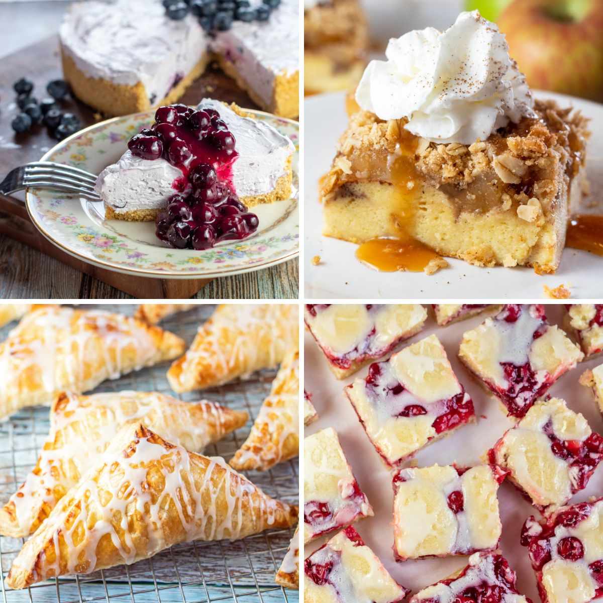 Square collage image showing different recipes made with canned pie filling.
