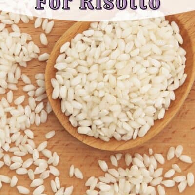 Pin image with text showing a wooden spoon with risotto rice in it and some scattered around.