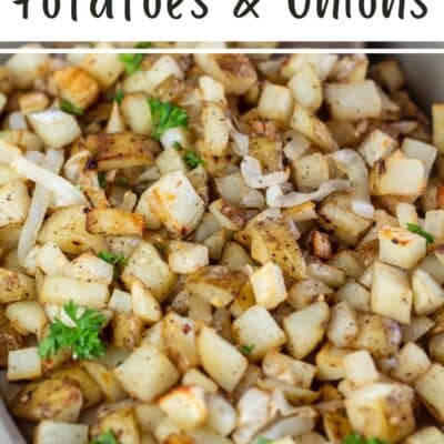 Pin image with text showing roasted potatoes and onions.