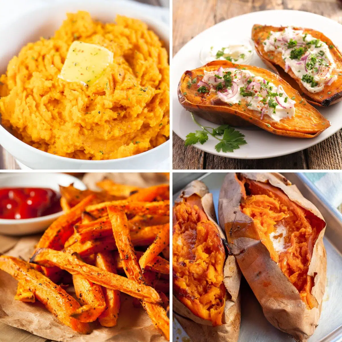 Square image of 4 different savory sweet potato recipes.