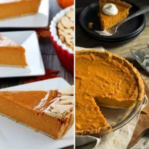 Square split image of sweet potato pie and pumpkin pie.