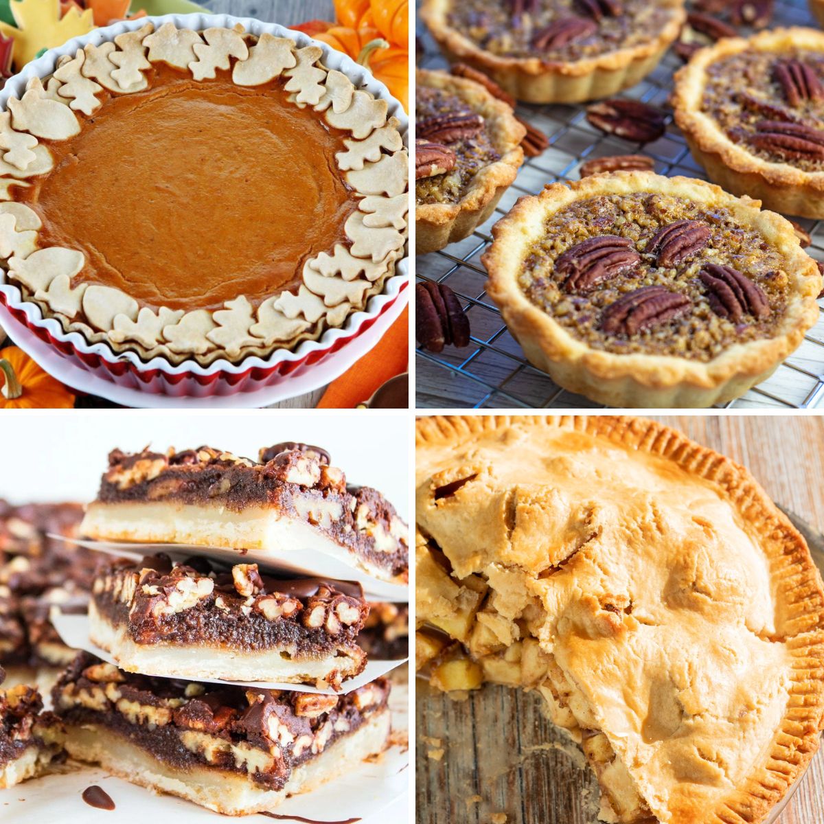 Square collage image showing four Thanksgiving pies.