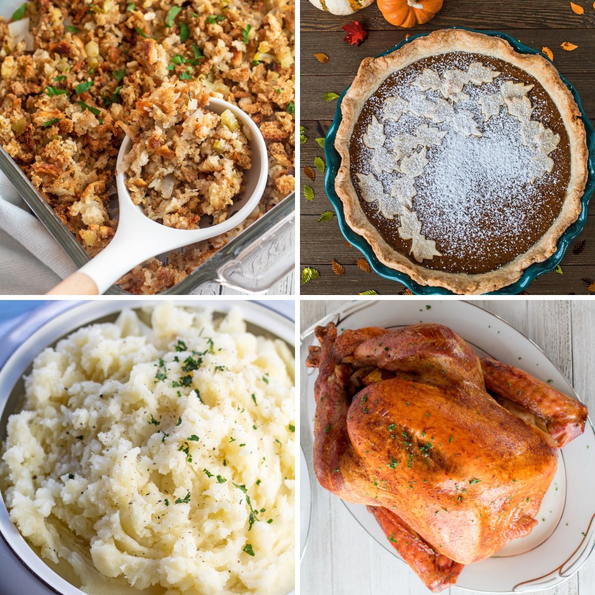 Square collage image with 4 quadrants showing images of Thanksgivings recipes.