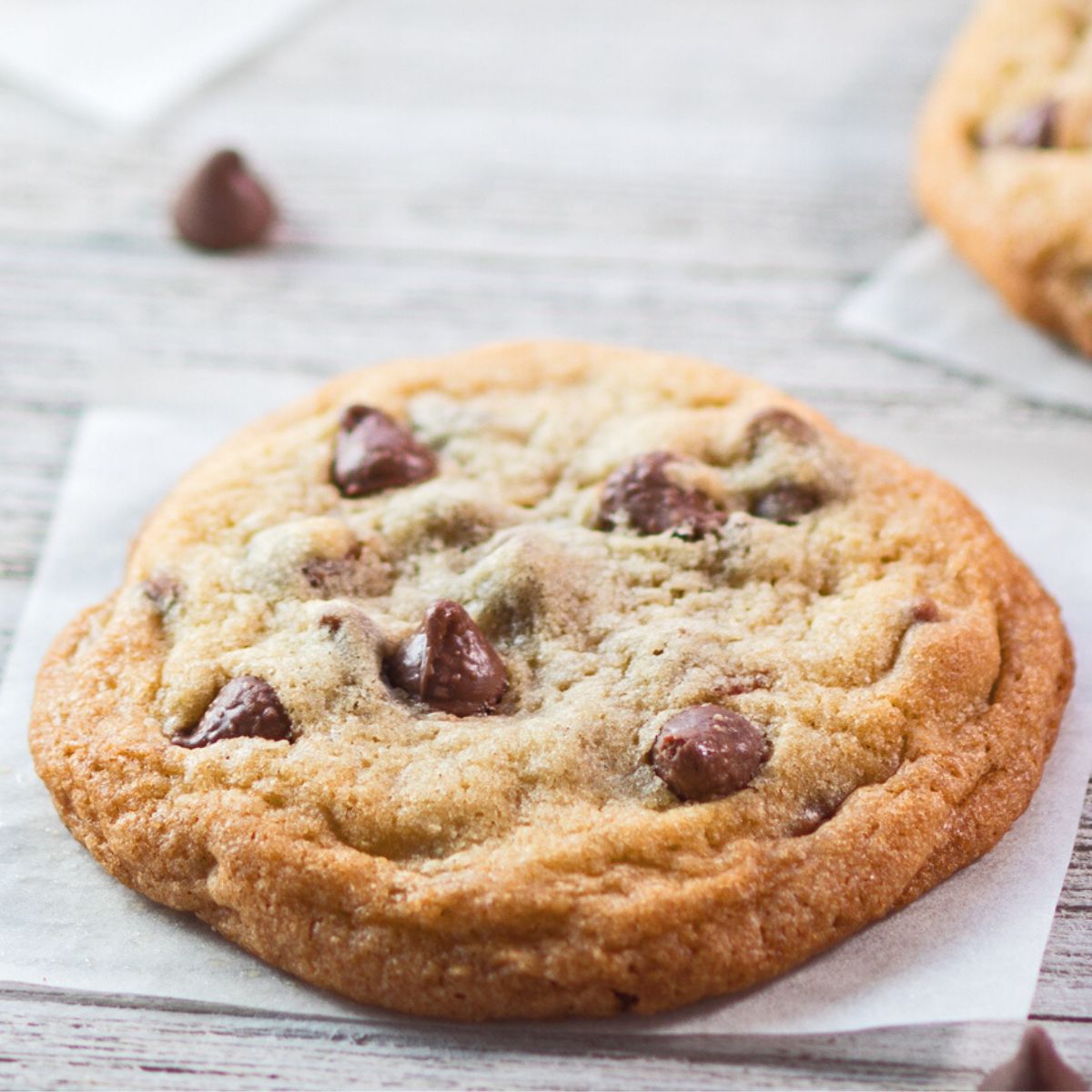 Square image of a chocolate chip cookie.