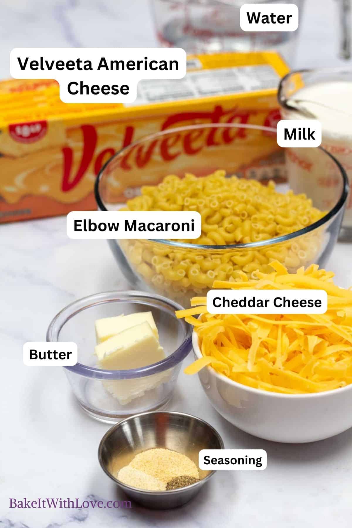 Velveeta mac and cheese ingredients measured out and labeled.