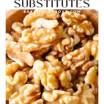 Pin image with text of a bowl of walnuts.