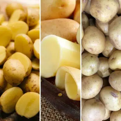 Square image showing split image with 3 sections of potatoes.