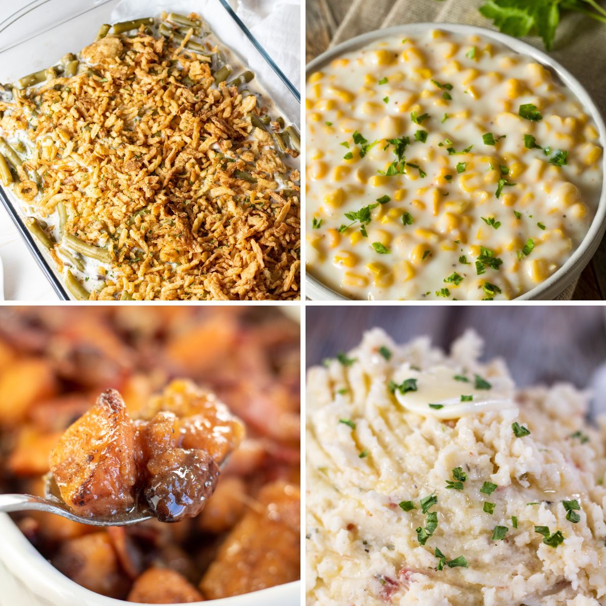 Best 30 minute Christmas side dishes to make for the holidays this year, featuring 4 tasty recipes in a square collage.