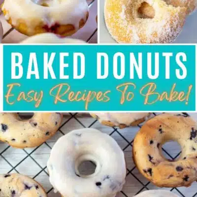 Best baked donut recipes pin with collage of three tasty doughnuts and text title overlay.