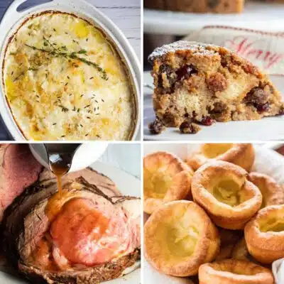 Best British Christmas dinner menu ideas square collage of four tasty dishes to make.