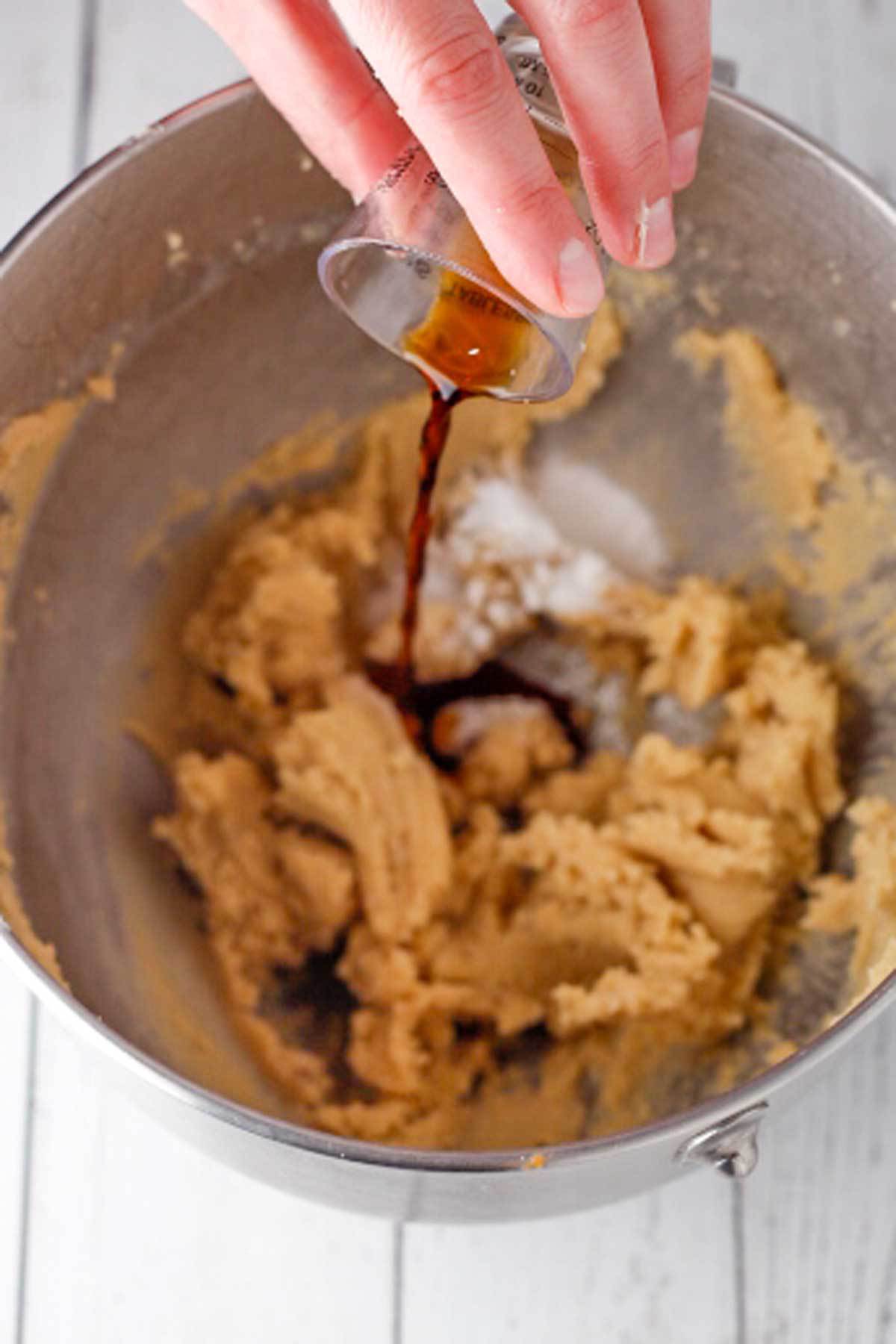 Chocolate blossom cookies process 2 add vanilla, salt, baking powder.