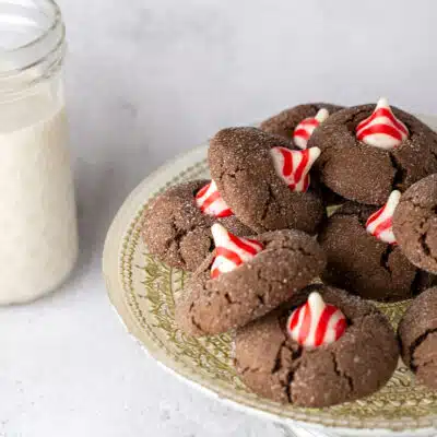 Best chocolate peppermint blossoms stacked on a plate with glass of milk.