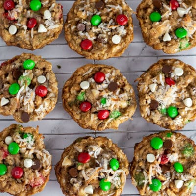 Best Christmas cowboy cookies recipe with festive red and green M&Ms chocolate candies.