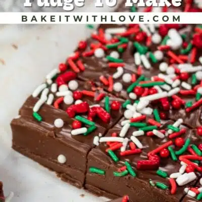Best Christmas fudge recipes pin with sprinkle-topped fudge slab and squares.