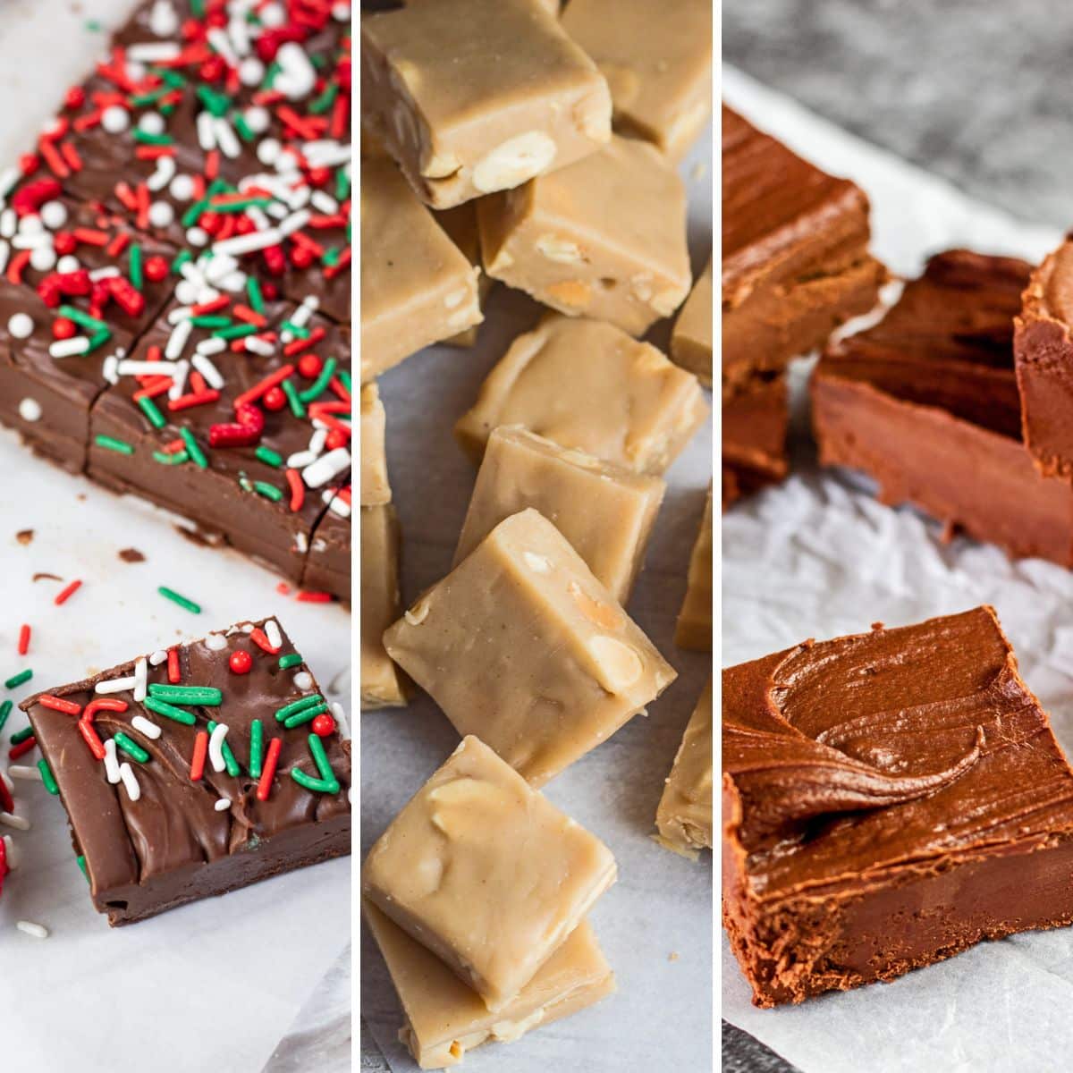 Resep fudge Natal terbaik untuk pesta liburan dan keranjang hadiah, dengan taburan meriah di atasnya.