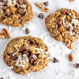 Best cowboy cookies recipe with toasted pecans, coconut, and chocolate chips.