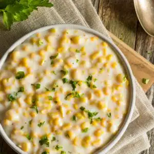 Best creamed corn recipe that cna be made with fresh, frozen, or canned corn served in beige bowl on wooden background.
