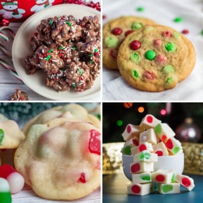 Biscotti e caramelle per dolci natalizi facili da preparare per una festa deliziosamente dolce con quattro preferiti di famiglia in un collage quadrato.