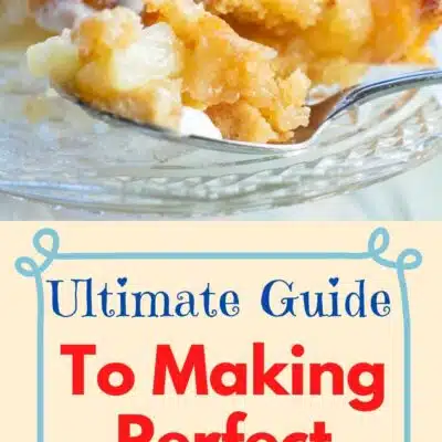 How To Make Dump Cakes the Ultimate Guide pin with title and image of pineapple dump cake served on glass dessert plate.