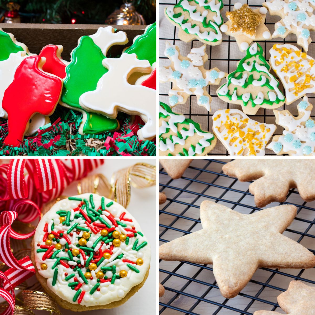 Cómo hacer galletas de azúcar, la guía definitiva para galletas festivas perfectas y sabrosas galletas de azúcar cada vez que presenta cuatro galletas increíbles en un collage cuadrado.