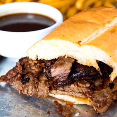 Square image of Prime rib French dip sandwich using leftovers.