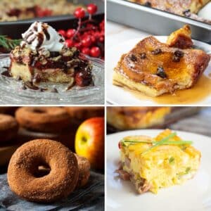 Best make ahead Christmas breakfast recipe ideas featuring four tasty dishes in a square collage.