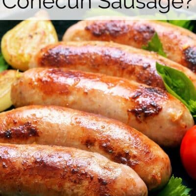 Pin image with text of sausage in a skillet.