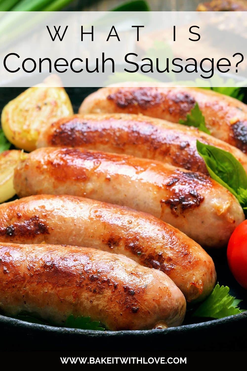 Pin image with text of sausage in a skillet.