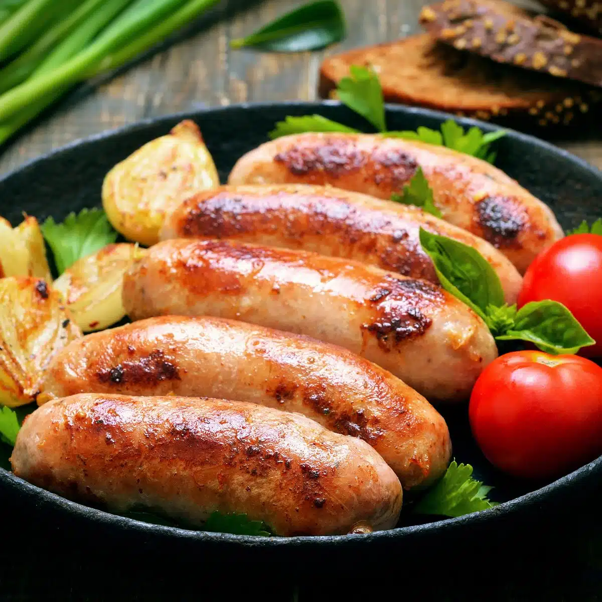 Square image of sausage in a skillet.