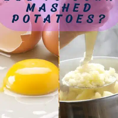 Pin split image with text showing egg and mashed potatoes.