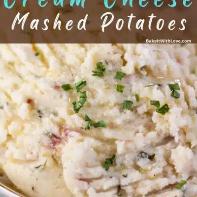 Pin image with text of bacon cream cheese mashed potatoes.