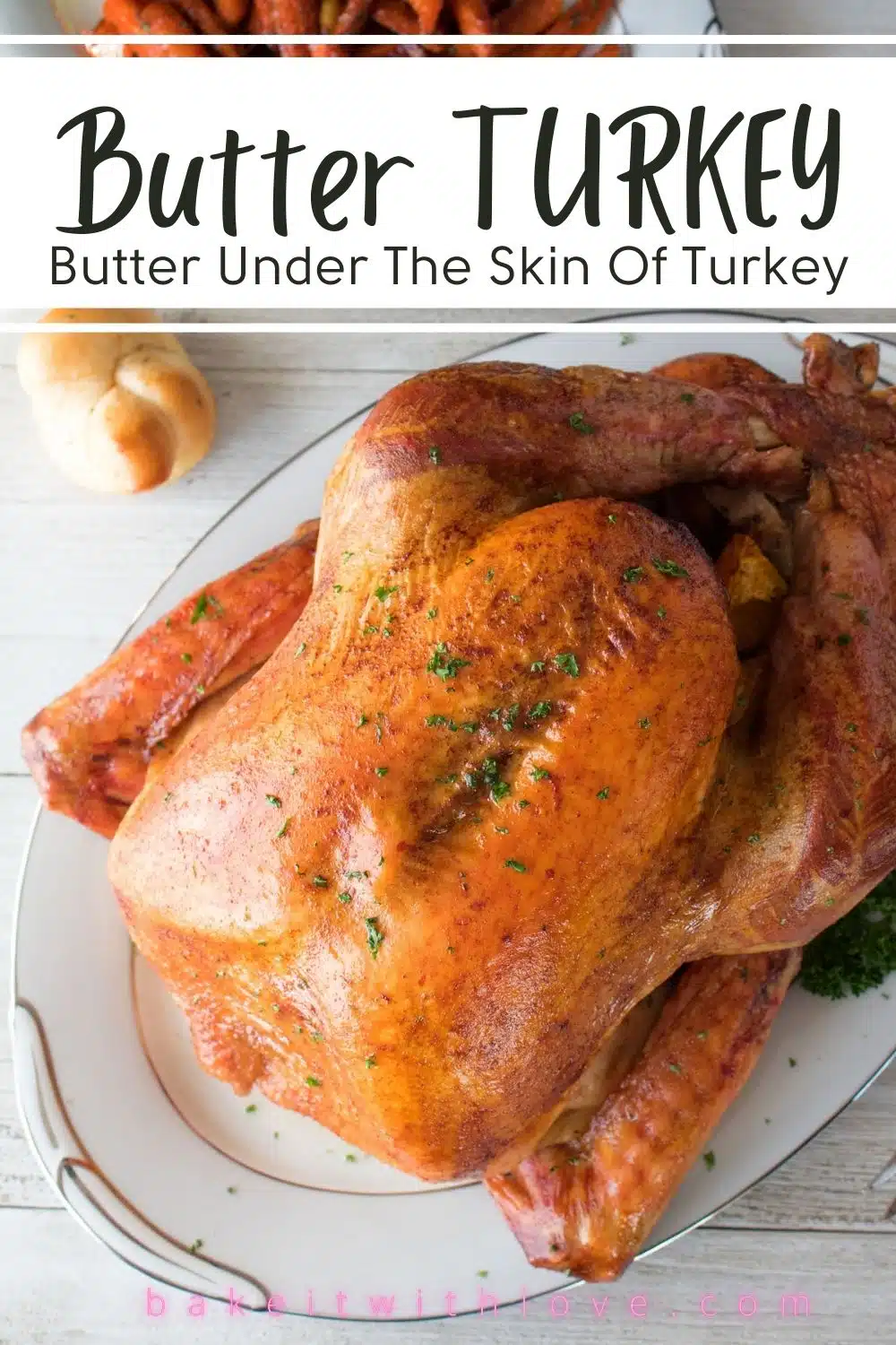 Pin image with text showing roasted turkey.