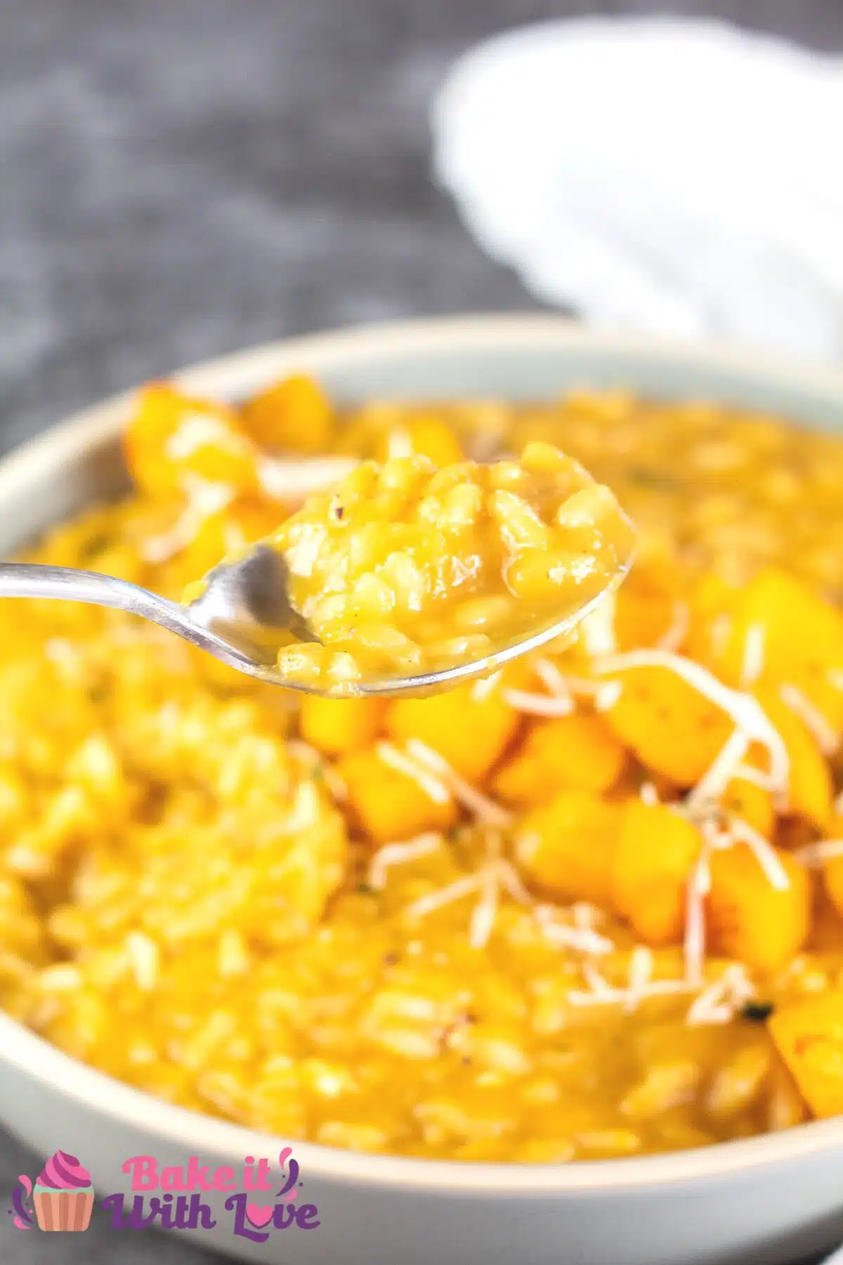 Tall image of butternut squash risotto.