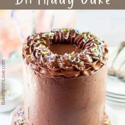 Pin image with text of a chocolate birthday cake.