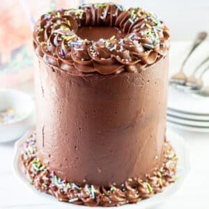Square image of a chocolate birthday cake.