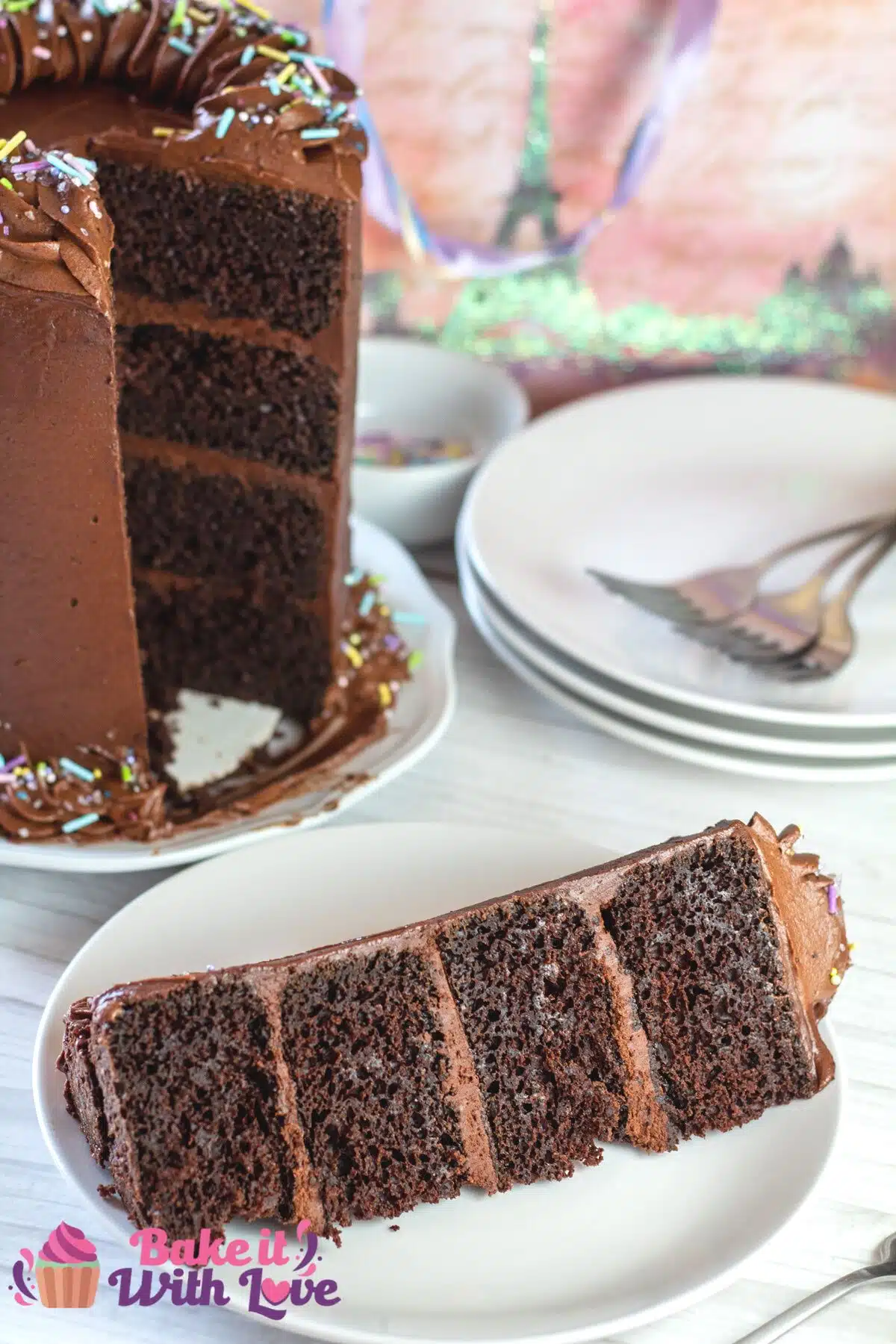 Tall image of a chocolate birthday cake.