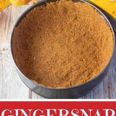 Pin image of gingersnap cookie crust in a springform pan.