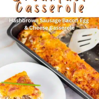 Pin image with text of hashbrown sausage bacon egg casserole.