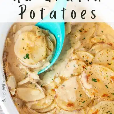 Pin image with text of instant pot potatoes au gratin.