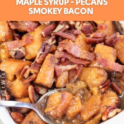 Pin image with text showing maple candied yams in a white baking dish.