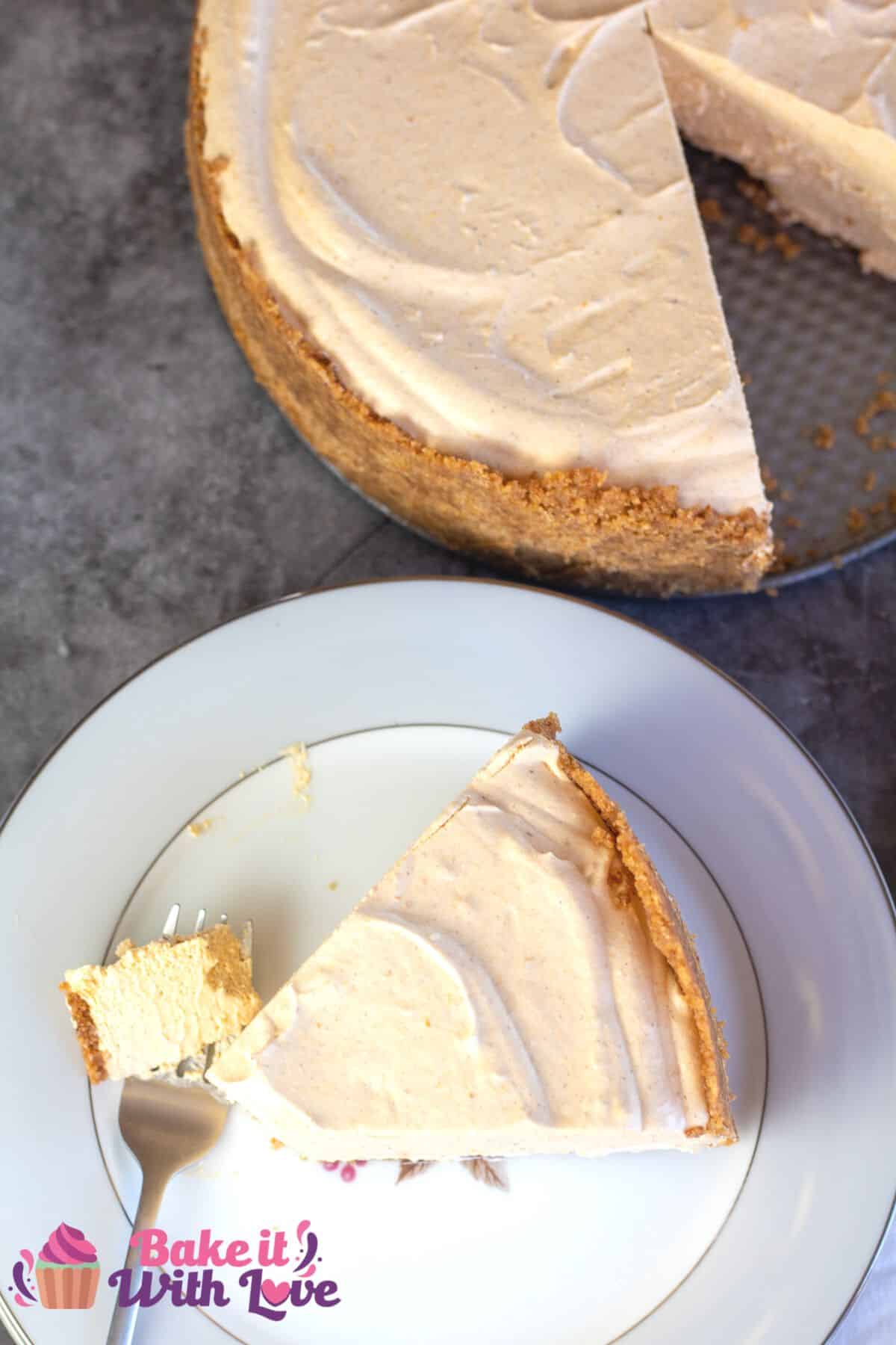 Tall image of a slice of no bake pumpkin pie.