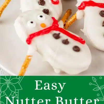 Pin image with text of nutter butter snowmen cookies.