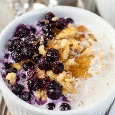 Square image of overnight oats with yogurt.