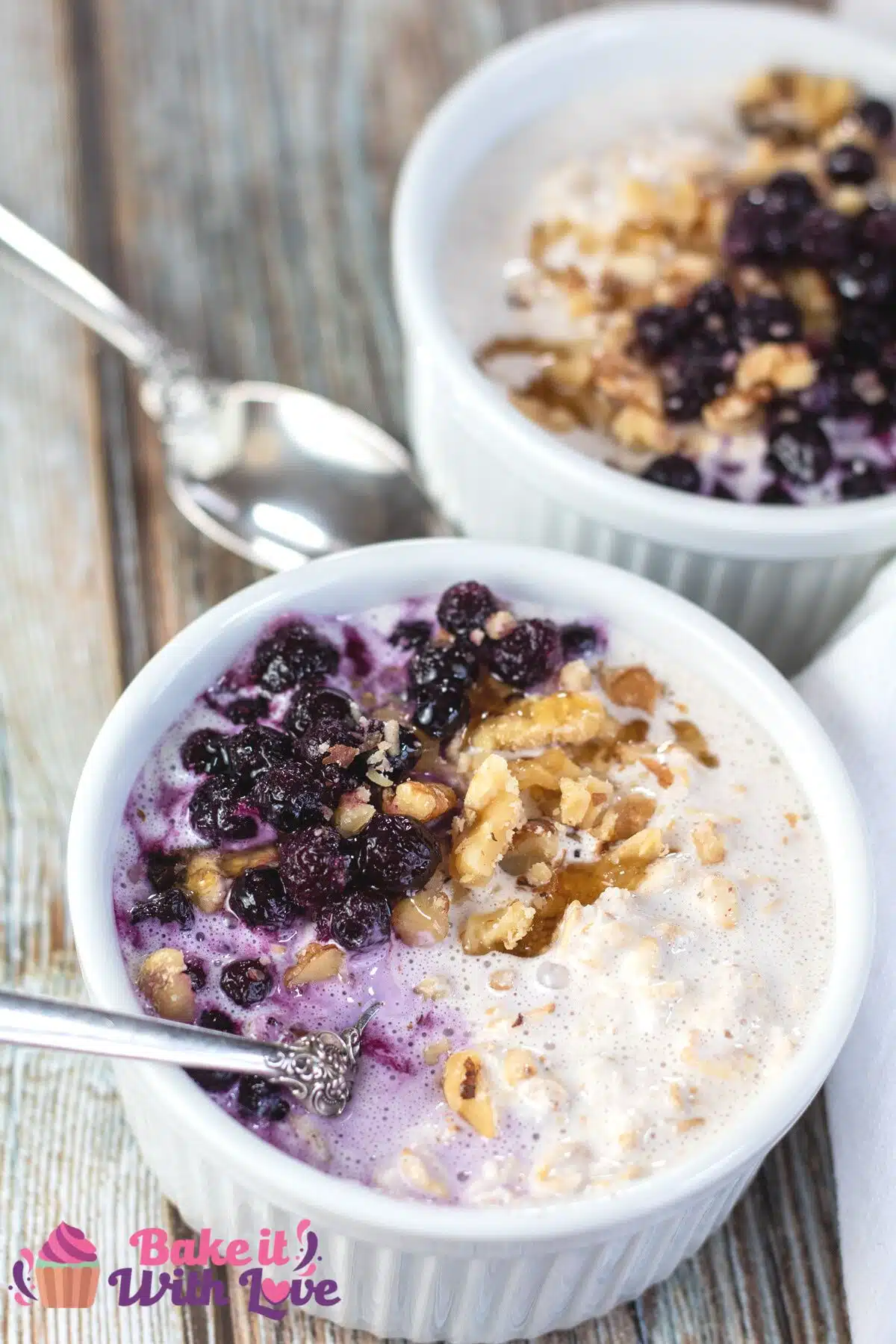 Tall image of overnight oats with yogurt.