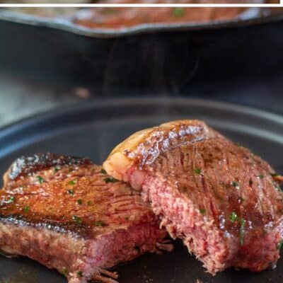 Pin image with text of picahna steaks in a cast iron pan.