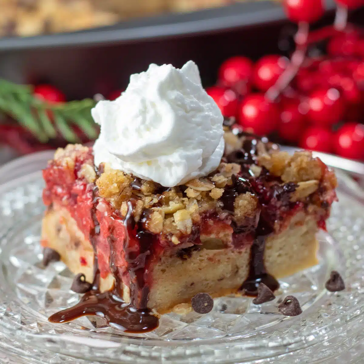 Square image of panettone cherry french toast casserole.