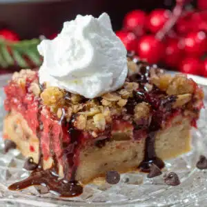 Close up square image of panettone cherry french toast casserole.