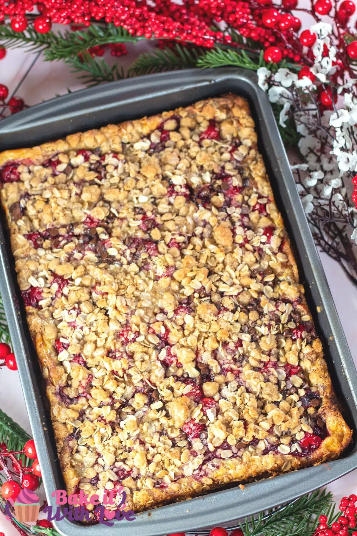 Tall image of panettone cherry french toast casserole.