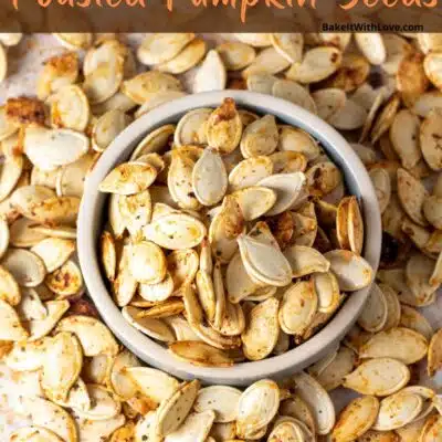 Pin image with text of ranch roasted pumpkin seeds.